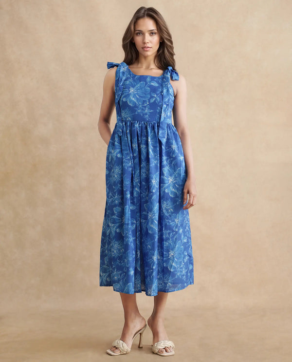 Rareism Women's Natsuki Blue  Shoulder Straps  Sleeveless Floral Print Fit And Flare Midi Dress