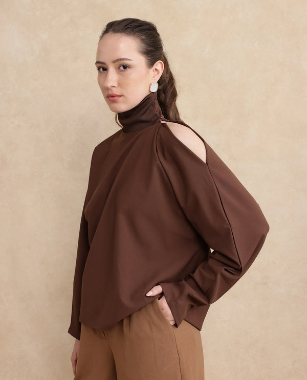 Rareism Women Natta Brown Regular Sleeve High Neck Regular Fit Plain Top