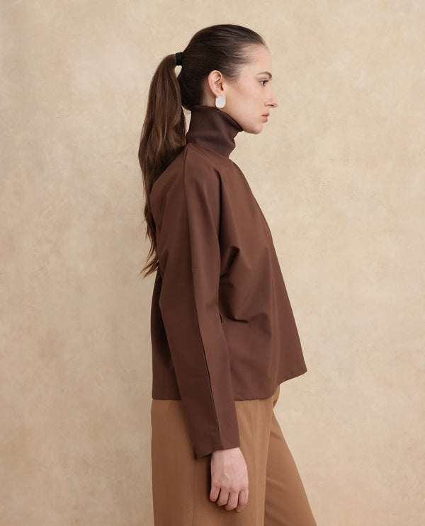 Rareism Women Natta Brown Regular Sleeve High Neck Regular Fit Plain Top
