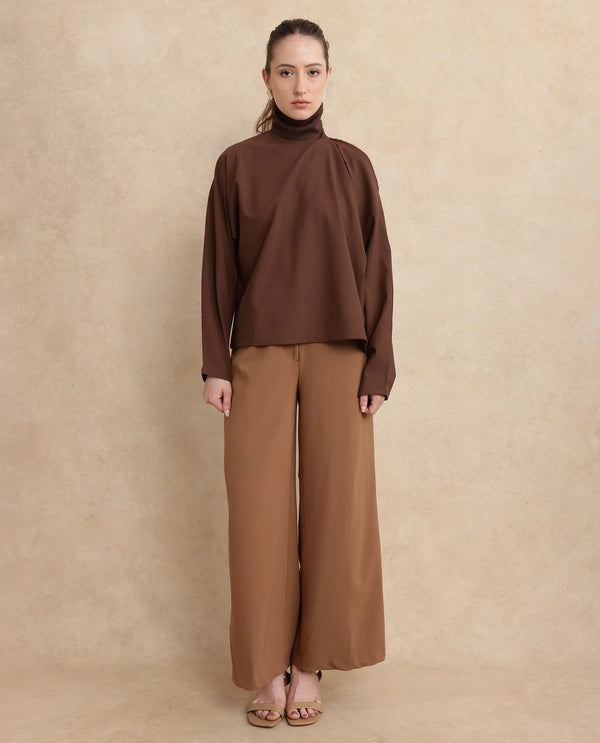 Rareism Women Natta Brown Regular Sleeve High Neck Regular Fit Plain Top