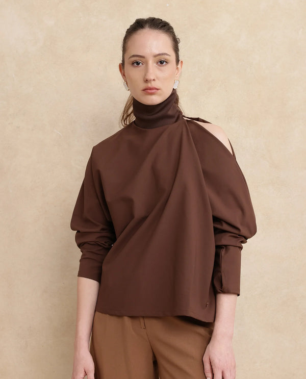 Rareism Women Natta Brown Regular Sleeve High Neck Regular Fit Plain Top