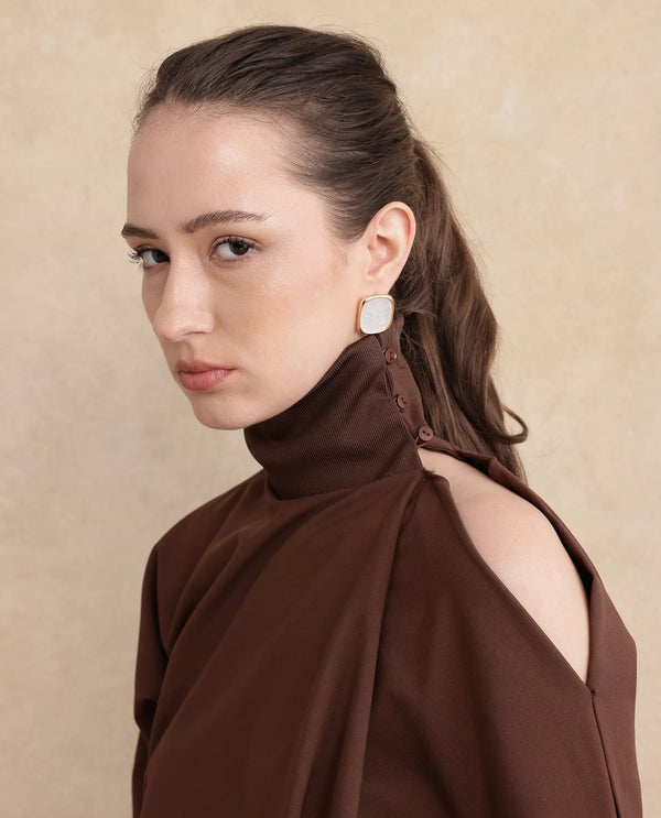 Rareism Women Natta Brown Regular Sleeve High Neck Regular Fit Plain Top