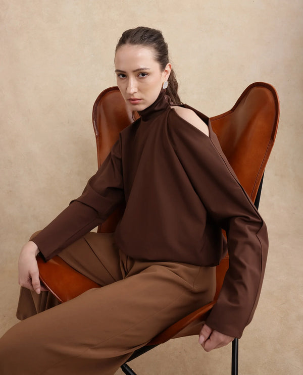 Rareism Women Natta Brown Regular Sleeve High Neck Regular Fit Plain Top