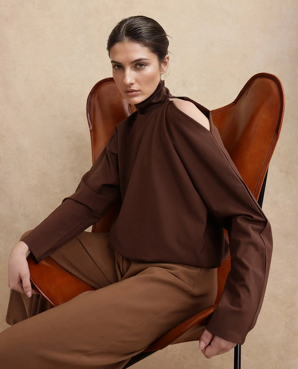 Rareism Women Natta Brown Regular Sleeve High Neck Regular Fit Plain Top