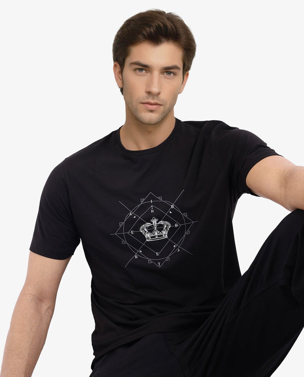Rare Rabbit Men Naz Black Cotton Lycra Fabric Short Sleeve Crew Neck Regular Fit Graphic Print T-Shirt