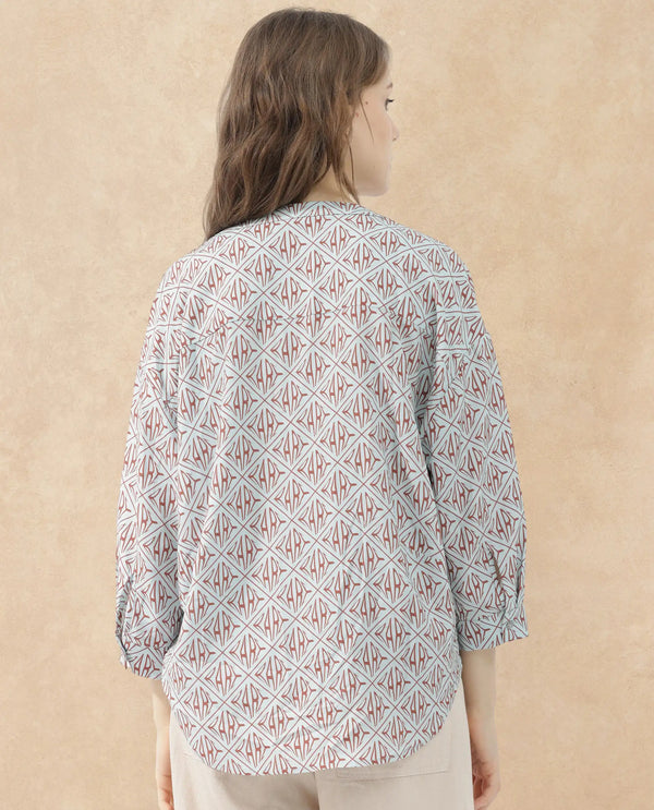 Rareism Women Nector Blue Viscose Fabric Regular Sleeves Collared Neck Digital Print Regular Length Top