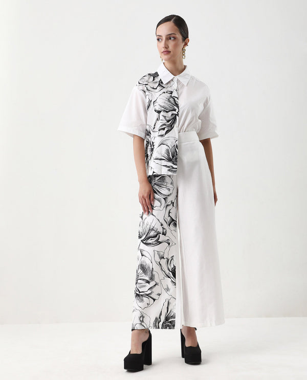 Rareism Women Neilsono White Cotton Satin Fabric Tie-Up Closure Flared Fit Ankle Length Floral Print Trouser