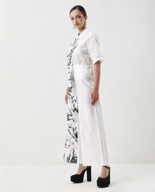 Rareism Women Neilsono White Cotton Satin Fabric Tie-Up Closure Flared Fit Ankle Length Floral Print Trouser