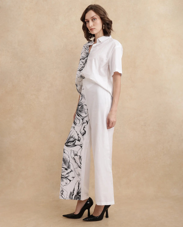 Rareism Women Neilsono White Cotton Satin Fabric Tie-Up Closure Flared Fit Ankle Length Floral Print Trouser