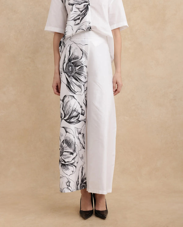 Rareism Women Neilsono White Cotton Satin Fabric Tie-Up Closure Flared Fit Ankle Length Floral Print Trouser