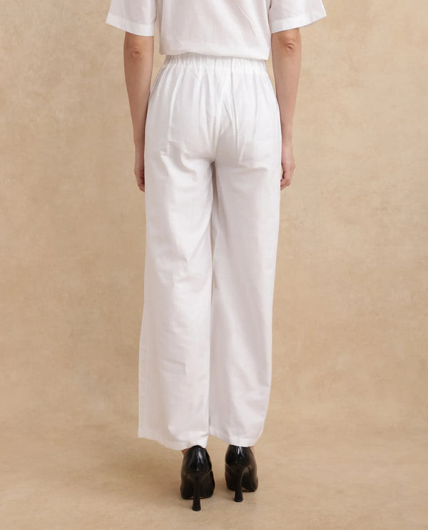 Rareism Women Neilsono White Cotton Satin Fabric Tie-Up Closure Flared Fit Ankle Length Floral Print Trouser