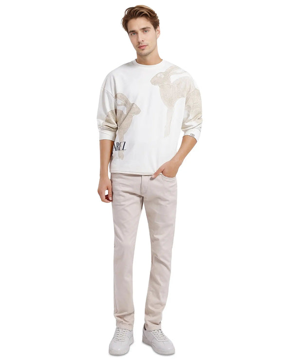 Rare Rabbit Men's Nellei Off White Cotton Blend Fabric Full Sleeve Crew Neck Boxy Fit Animal and Typography Print Sweatshirt