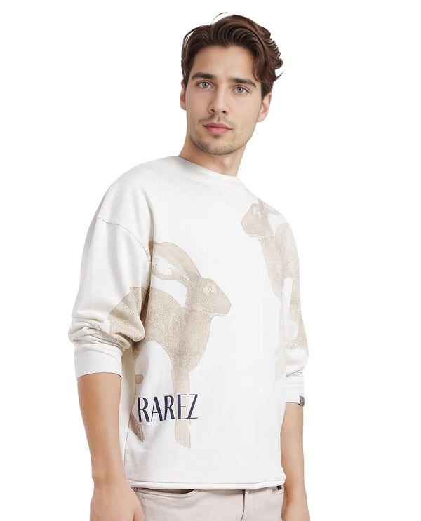 Rare Rabbit Men's Nellei Off White Cotton Blend Fabric Full Sleeve Crew Neck Boxy Fit Animal and Typography Print Sweatshirt