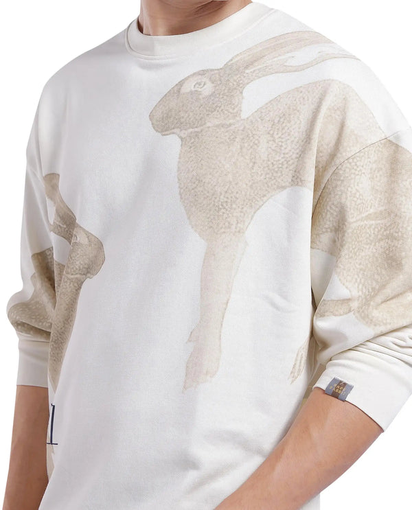 Rare Rabbit Men's Nellei Off White Cotton Blend Fabric Full Sleeve Crew Neck Boxy Fit Animal and Typography Print Sweatshirt