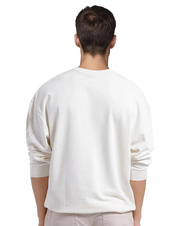 Rare Rabbit Men's Nellei Off White Cotton Blend Fabric Full Sleeve Crew Neck Boxy Fit Animal and Typography Print Sweatshirt