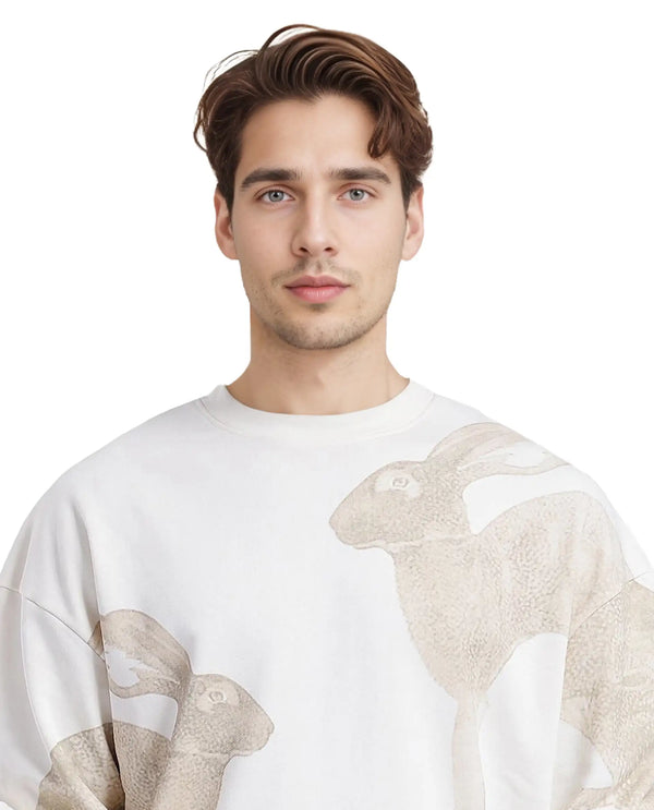 Rare Rabbit Men's Nellei Off White Cotton Blend Fabric Full Sleeve Crew Neck Boxy Fit Animal and Typography Print Sweatshirt