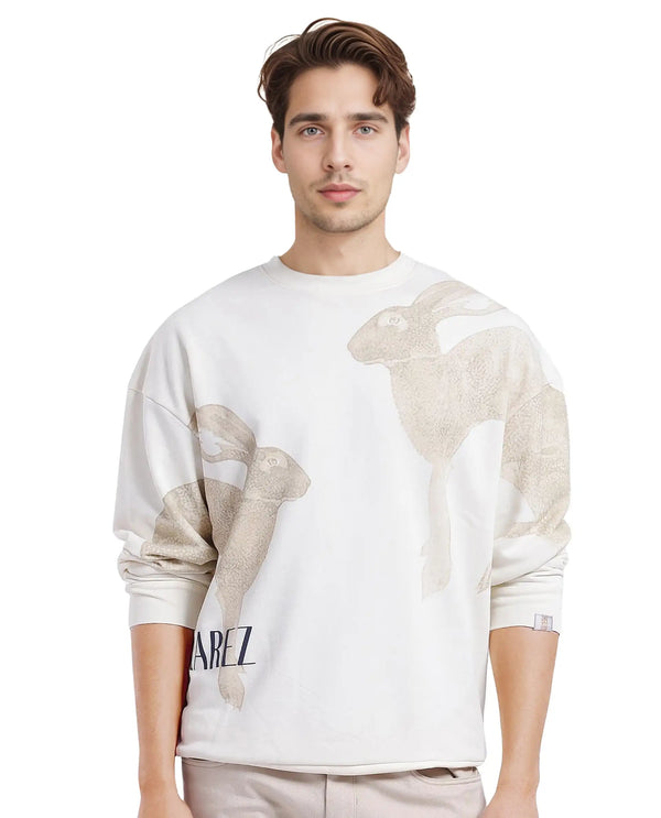 Rare Rabbit Men's Nellei Off White Cotton Blend Fabric Full Sleeve Crew Neck Boxy Fit Animal and Typography Print Sweatshirt