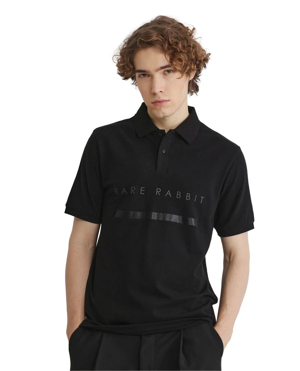 Rare Rabbit Men Nellit Black Cotton Blend Fabric Blue Short Sleeve Regular Collar HD Print Branding Polo