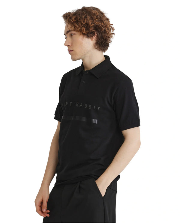 Rare Rabbit Men Nellit Black Cotton Blend Fabric Blue Short Sleeve Regular Collar HD Print Branding Polo