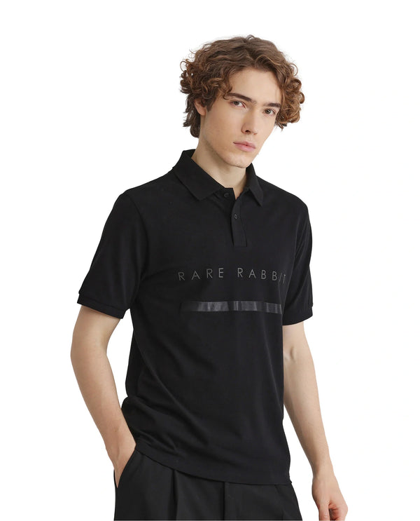 Rare Rabbit Men Nellit Black Cotton Blend Fabric Blue Short Sleeve Regular Collar HD Print Branding Polo