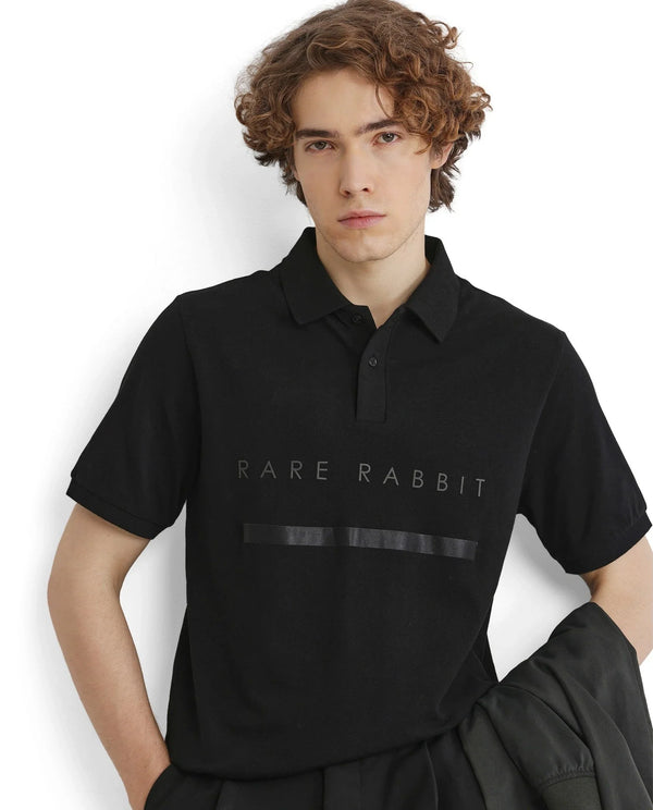 Rare Rabbit Men Nellit Black Cotton Blend Fabric Blue Short Sleeve Regular Collar HD Print Branding Polo