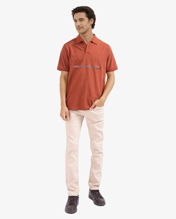 Rare Rabbit Men Nellit Dusky Rust Cotton Blend Fabric Blue Short Sleeve Regular Collar HD Print Branding Polo