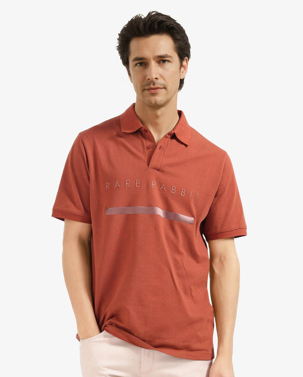 Rare Rabbit Men Nellit Dusky Rust Cotton Blend Fabric Blue Short Sleeve Regular Collar HD Print Branding Polo