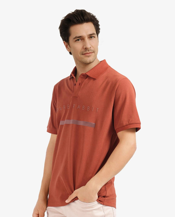 Rare Rabbit Men Nellit Dusky Rust Cotton Blend Fabric Blue Short Sleeve Regular Collar HD Print Branding Polo