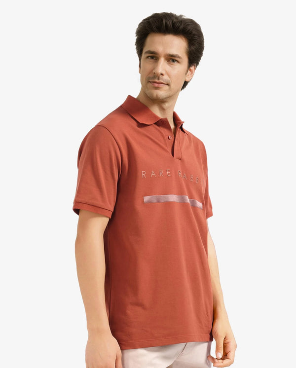 Rare Rabbit Men Nellit Dusky Rust Cotton Blend Fabric Blue Short Sleeve Regular Collar HD Print Branding Polo
