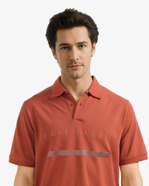 Rare Rabbit Men Nellit Dusky Rust Cotton Blend Fabric Blue Short Sleeve Regular Collar HD Print Branding Polo