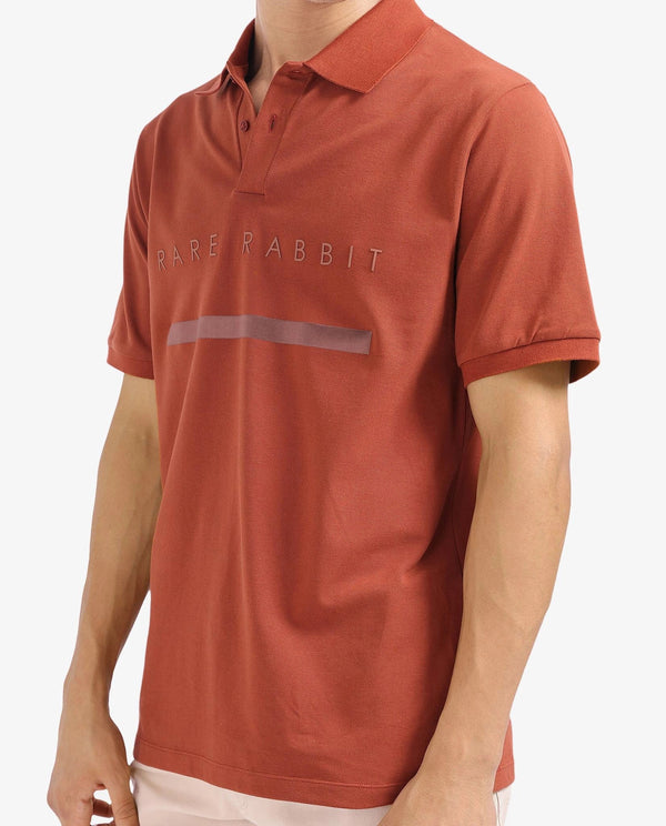 Rare Rabbit Men Nellit Dusky Rust Cotton Blend Fabric Blue Short Sleeve Regular Collar HD Print Branding Polo