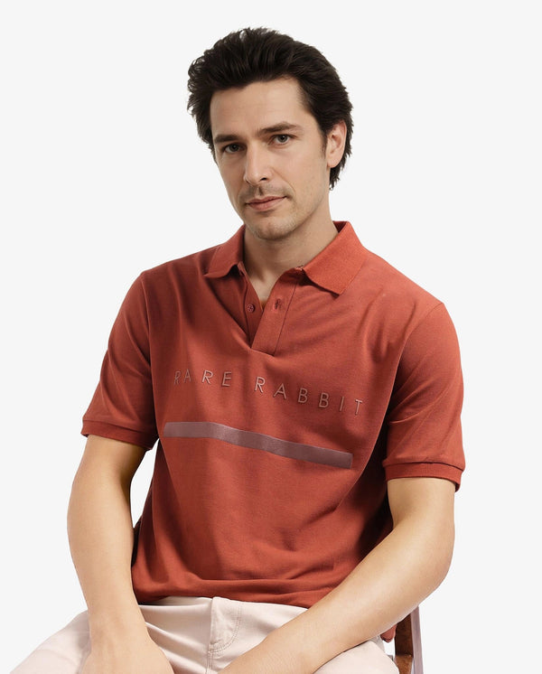 Rare Rabbit Men Nellit Dusky Rust Cotton Blend Fabric Blue Short Sleeve Regular Collar HD Print Branding Polo