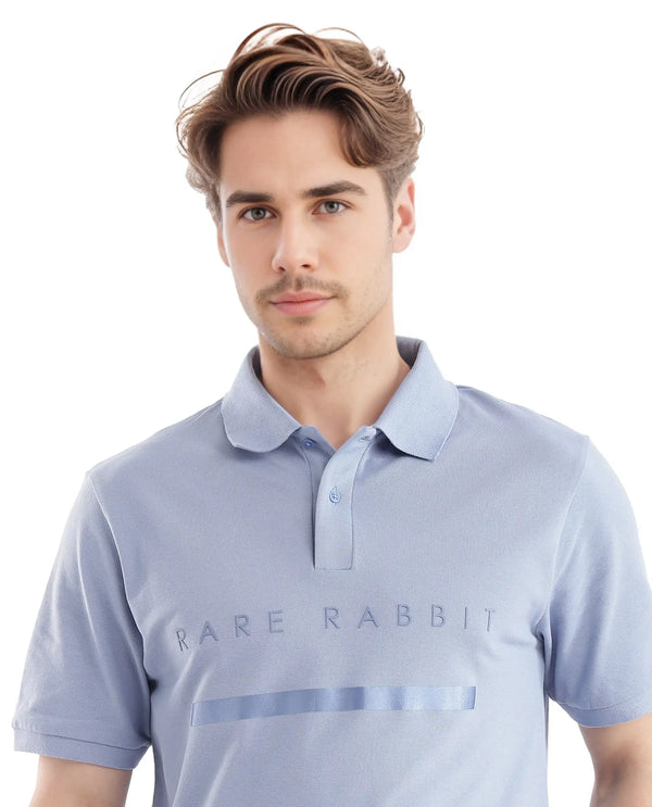 Rare Rabbit Men Nellit Pastel Blue Cotton Blend Fabric Blue Short Sleeve Regular Collar HD Print Branding Polo