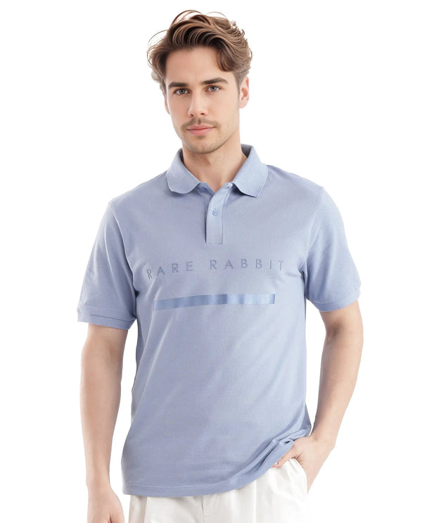 Rare Rabbit Men Nellit Pastel Blue Cotton Blend Fabric Blue Short Sleeve Regular Collar HD Print Branding Polo