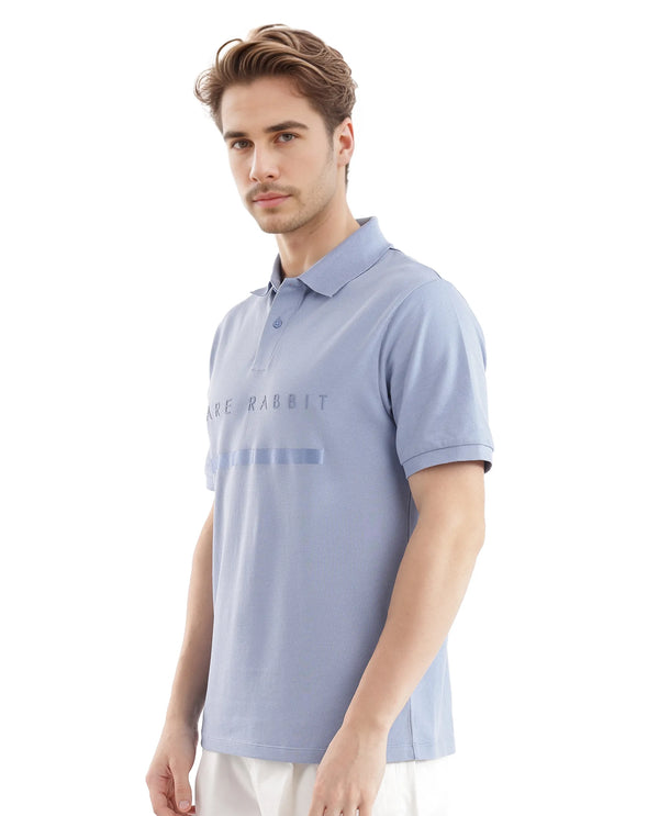 Rare Rabbit Men Nellit Pastel Blue Cotton Blend Fabric Blue Short Sleeve Regular Collar HD Print Branding Polo