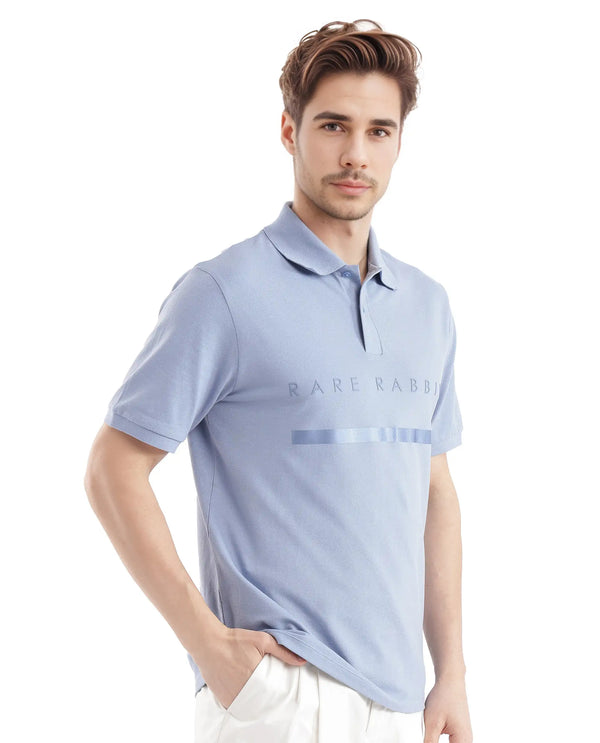 Rare Rabbit Men Nellit Pastel Blue Cotton Blend Fabric Blue Short Sleeve Regular Collar HD Print Branding Polo