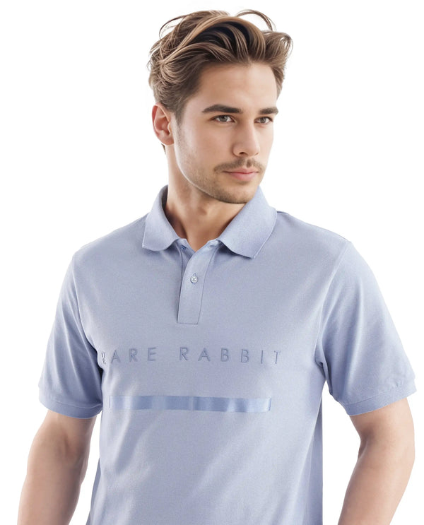 Rare Rabbit Men Nellit Pastel Blue Cotton Blend Fabric Blue Short Sleeve Regular Collar HD Print Branding Polo