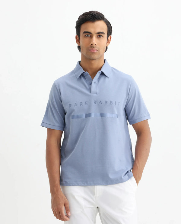 Rare Rabbit Men Nellit Pastel Blue Cotton Blend Fabric Blue Short Sleeve Regular Collar HD Print Branding Polo