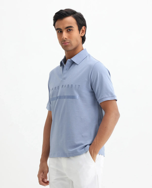 Rare Rabbit Men Nellit Pastel Blue Cotton Blend Fabric Blue Short Sleeve Regular Collar HD Print Branding Polo