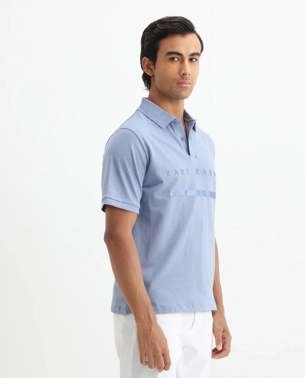 Rare Rabbit Men Nellit Pastel Blue Cotton Blend Fabric Blue Short Sleeve Regular Collar HD Print Branding Polo