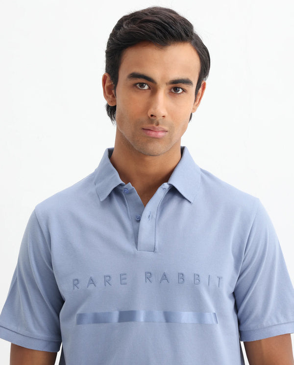 Rare Rabbit Men Nellit Pastel Blue Cotton Blend Fabric Blue Short Sleeve Regular Collar HD Print Branding Polo