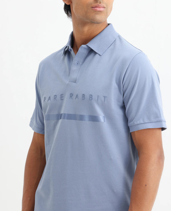 Rare Rabbit Men Nellit Pastel Blue Cotton Blend Fabric Blue Short Sleeve Regular Collar HD Print Branding Polo