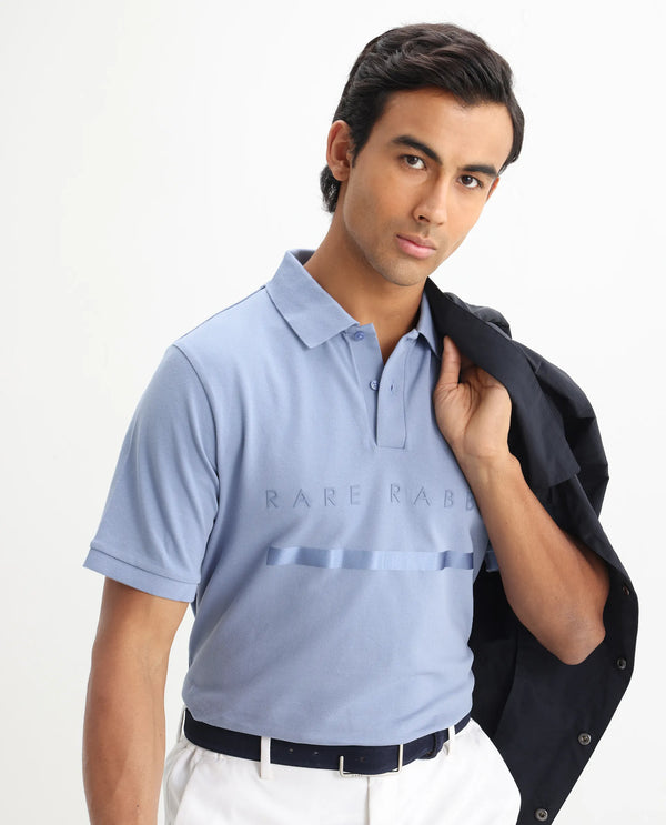 Rare Rabbit Men Nellit Pastel Blue Cotton Blend Fabric Blue Short Sleeve Regular Collar HD Print Branding Polo