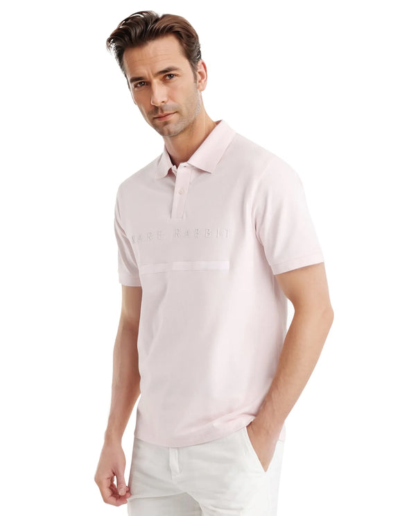 Rare Rabbit Men Nellit Pastel Pink Cotton Blend Fabric Blue Short Sleeve Regular Collar HD Print Branding Polo