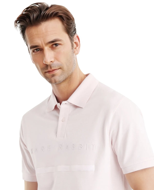 Rare Rabbit Men Nellit Pastel Pink Cotton Blend Fabric Blue Short Sleeve Regular Collar HD Print Branding Polo