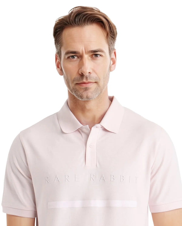 Rare Rabbit Men Nellit Pastel Pink Cotton Blend Fabric Blue Short Sleeve Regular Collar HD Print Branding Polo