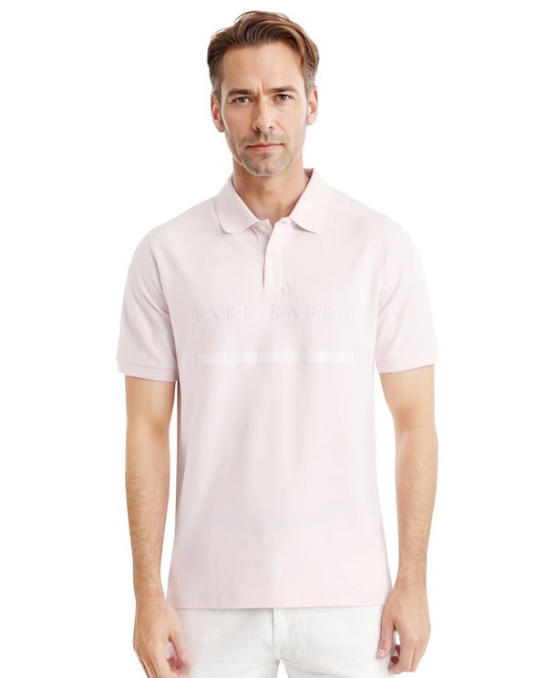 Rare Rabbit Men Nellit Pastel Pink Cotton Blend Fabric Blue Short Sleeve Regular Collar HD Print Branding Polo