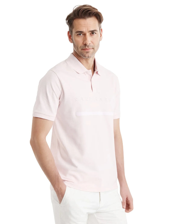 Rare Rabbit Men Nellit Pastel Pink Cotton Blend Fabric Blue Short Sleeve Regular Collar HD Print Branding Polo