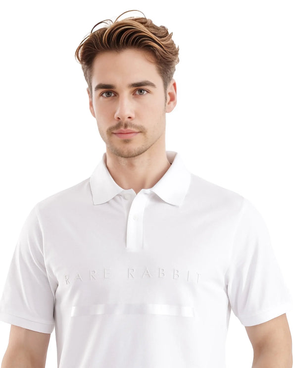 Rare Rabbit Men Nellit White Cotton Blend Fabric Blue Short Sleeve Regular Collar HD Print Branding Polo