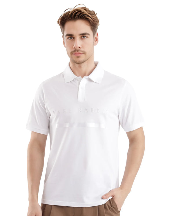 Rare Rabbit Men Nellit White Cotton Blend Fabric Blue Short Sleeve Regular Collar HD Print Branding Polo